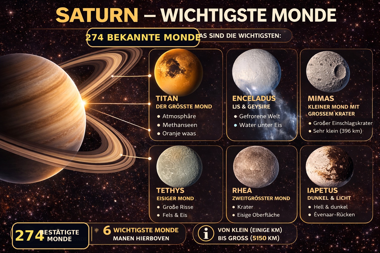 Die wichtigsten Monde des Saturn